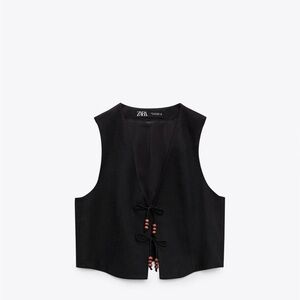 Zara Black Sleeveless Vest with Beaded Tie Front